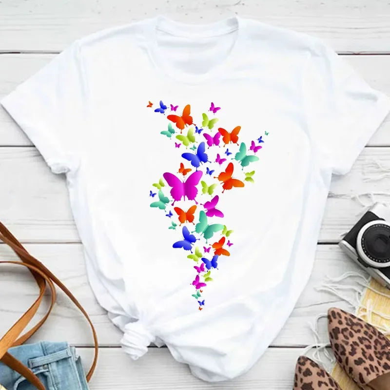 Y2k Women's Colorful Butterfly Petal Print T-Shirt, Short Sleeve, Round Neck, Cute Graphic Tee Shirts, Female Tops Clothes