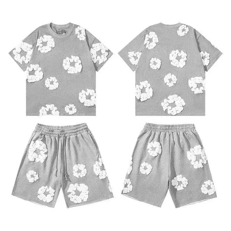 DENIM TEARS Summer Hot Selling European and American Fashion Hip Hop Printed Short Sleeve Set High Street Loose Sportswear