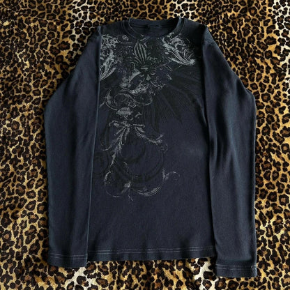 Y2K Grunge Cyber Mall Goth Thermal T-shirt Skulls Graphic Print Long Sleeve Pullovers Tops Women 90s Vintage Aesthetic Tees
