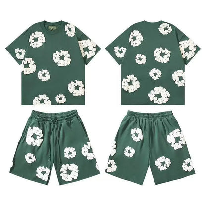 DENIM TEARS Summer Hot Selling European and American Fashion Hip Hop Printed Short Sleeve Set High Street Loose Sportswear