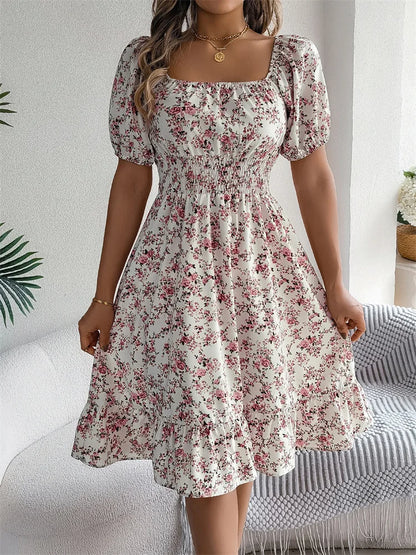 Msfilia Leisure Square Collar Spring Summer Dress Women Short Sleeve Loose Waist Design Lotus Leaf A-shaped Print Dress