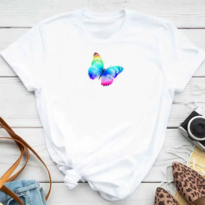Y2k Women's Colorful Butterfly Petal Print T-Shirt, Short Sleeve, Round Neck, Cute Graphic Tee Shirts, Female Tops Clothes