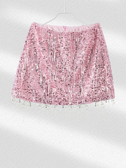 Sexy Tassel Chains Women's Set Elegant Solid Sequins Hip Package Female Party Mini Skirts Summer Holiday Lady Outfit Beachwear