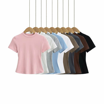 2024 New High Quality Casual T shirt Sexy Slim Short Sleeves Fashion Trend Solid Women Clothing y2k Tops