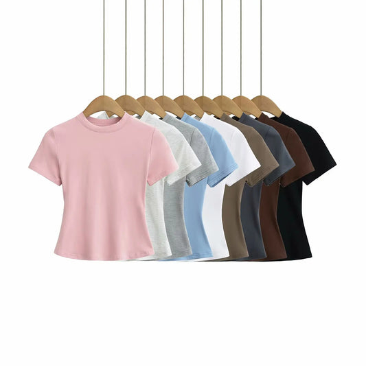 2024 New High Quality Casual T shirt Sexy Slim Short Sleeves Fashion Trend Solid Women Clothing y2k Tops