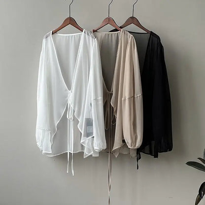 Shirts Women V-neck Loose Long Sleeve Open Stitch Korean Style Lace-up Simple Solid Summer Chiffon Breathable Minimalist Stylish