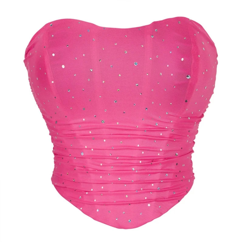Summer Women Sexy Corset Crop Top Rhinestone Backless Lace Up Bustier Female Club Party Camisole Underwear