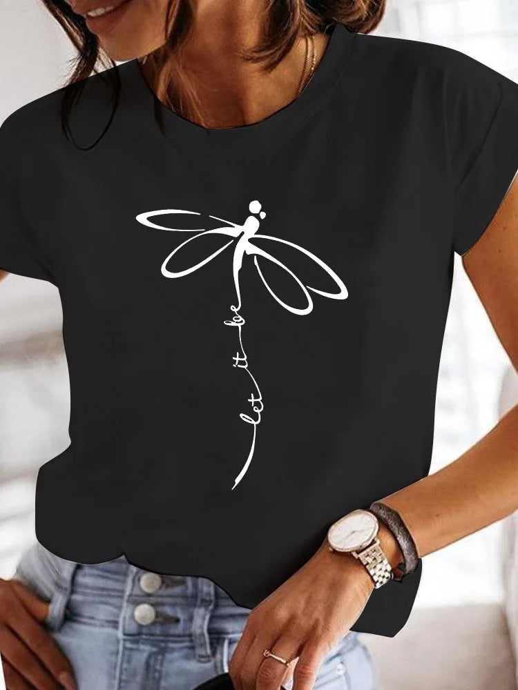 Women's Short-sleeved Explosive Insect Butterfly Dragonfly Print Round Neck T-shirt Women Clothes  Oversized T Shirt  Harajuku