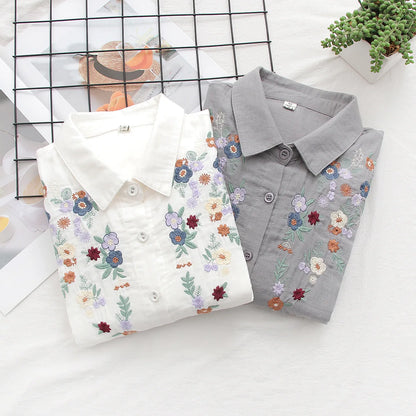 Spring Double 100% Cotton Yarn Shirts Women Turn-down Collar Loose Tops Girl Long Sleeve Embroidery Blouses 2024 Autumn T42909QM
