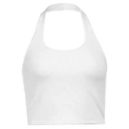 Women's Sexy Spice Hanging Neck Backless Small Suspenders Slim Short Neckline Solid Color Threaded Peplum Short Tops