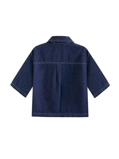 2025 Women's Fashion Flip Pocket Decoration Short Flip Collar Slim fit denim Top + Asymmetric Denim Skirt 2 Piece Set