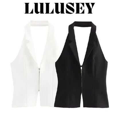 2025 Summer Women’s Sleeveless Zip Front Vest | Lapel Waistcoat for Office Casual Outing | Black/White Daily Versatile