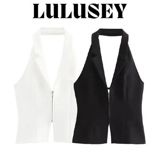 2025 Summer Women’s Sleeveless Zip Front Vest | Lapel Waistcoat for Office Casual Outing | Black/White Daily Versatile