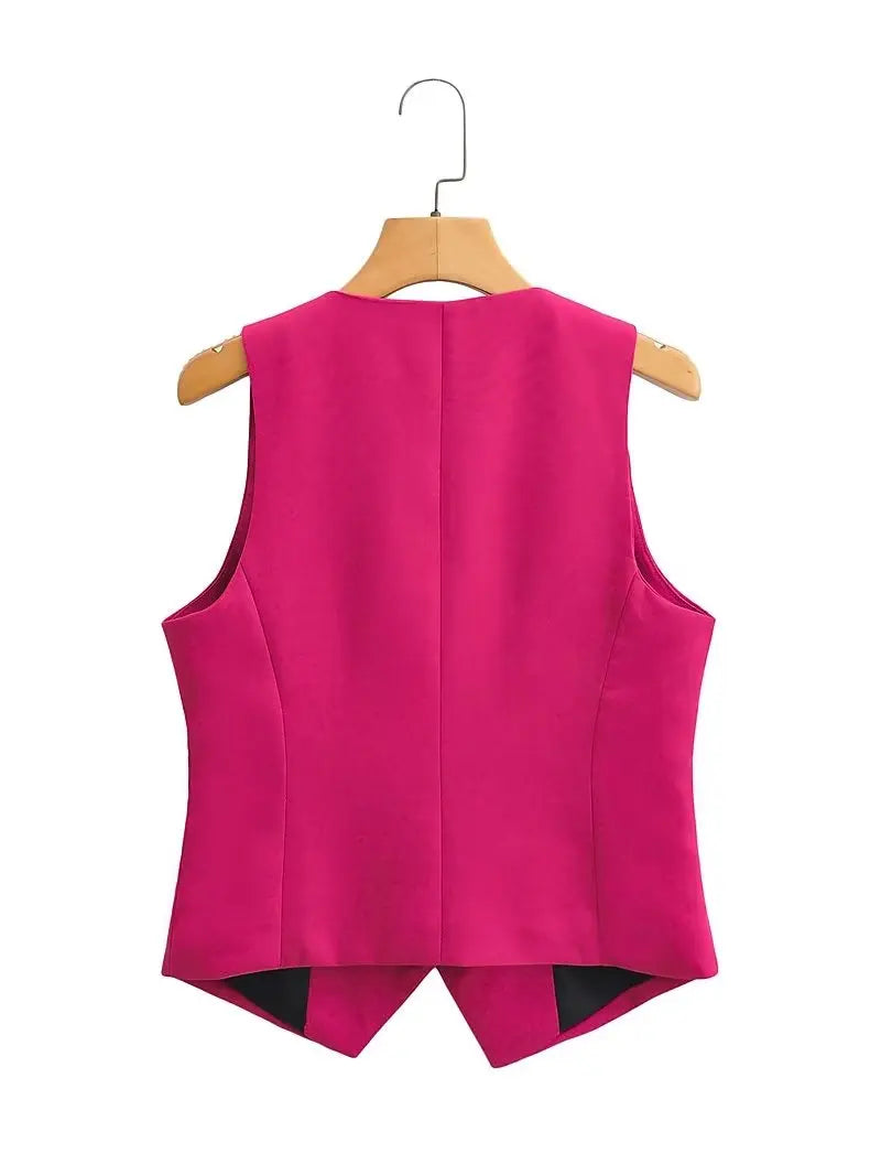Women Fashion V Neck Sleeveless Pockets Short Vest Jacket Office Lady Single Breasted Casual Slim WaistCoat Tops CT2208