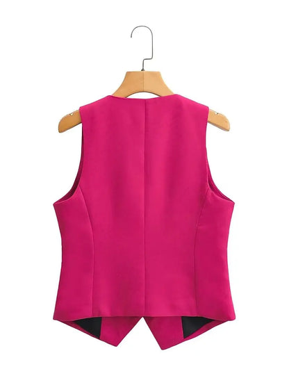 Women Fashion V Neck Sleeveless Pockets Short Vest Jacket Office Lady Single Breasted Casual Slim WaistCoat Tops CT2208