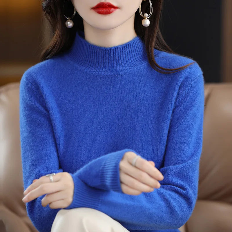 Autumn Winter Women Sweater Korean Fashion Warm Bottoming Shirts Half High Collar Basic Knitwear Solid Long Sleeve Pullovers