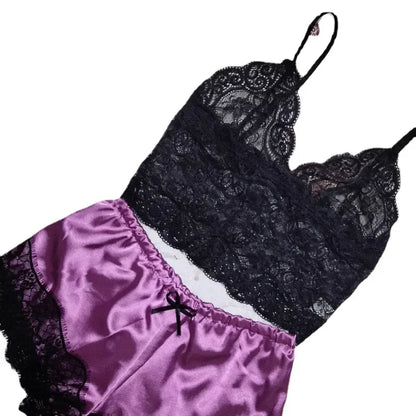 2 Pieces Pajamas Set for Women Sleepwear Sexy Lingerie Lace Silk Crop Tops and Shorts Sets Casual Nightwear Pijamas