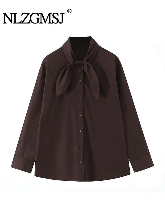 NLZGMSJ Woman Scarf Shirts 2025 Autumn Elegant Office Lady Loose Chic Slim Daily Full Sleeve Daily Shirts