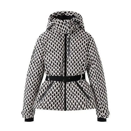Women's Winter Hooded High Waist Padded Sport Parkas Coats with Belt Female Elegant Thick Warm Pockets Windproof Skiing Jackets