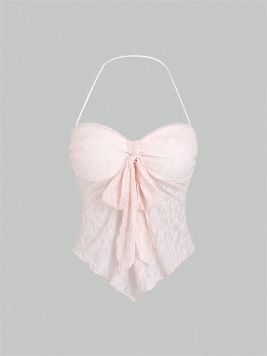 Bow knot Lace Halter Top for Women Summer Sexy Floral Pattern Off the Shoulder Backless V-neck Crop Top Y2K Clothes