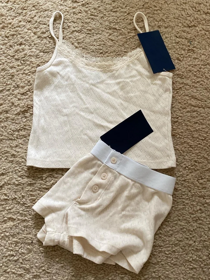 Strawberry Vest Shorts 2 Pieces Set Woman Eyelet Bow Slim Tank Top with Elastic Waist Patchwork Straight Short Pant Sweet Sets