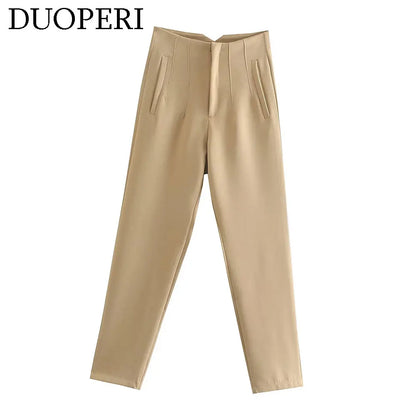 DUOPERI Women Fashion Solid Basic High Waist Trousers Chic Female Office Lady Casual Business Workwear Long Pant
