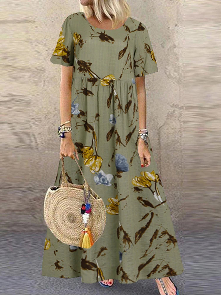 ZANZEA Summer Maxi Dress Women's Vintage Printed Sundress Casual Loose Short Sleeve Vestidos Vacation High Waist Robe Femme 2024