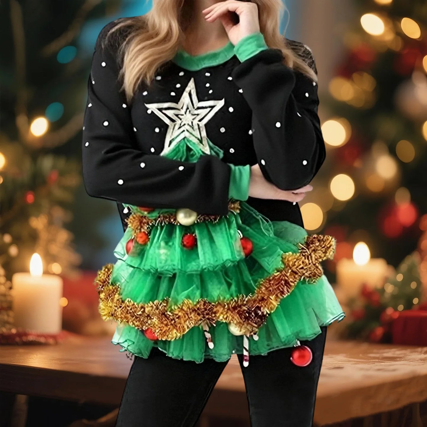 Women’s 3D Christmas Tree Sweatshirts Long Sleeve Round Neck Loose Pullovers Holiday Tops