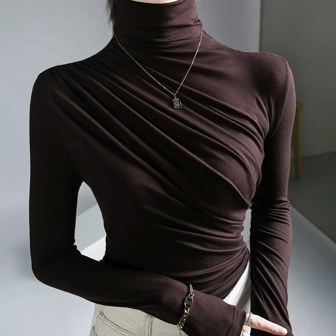 2023 Pleated High Neck for Women Blusas Clothes for Women Tops Shirts Blouses