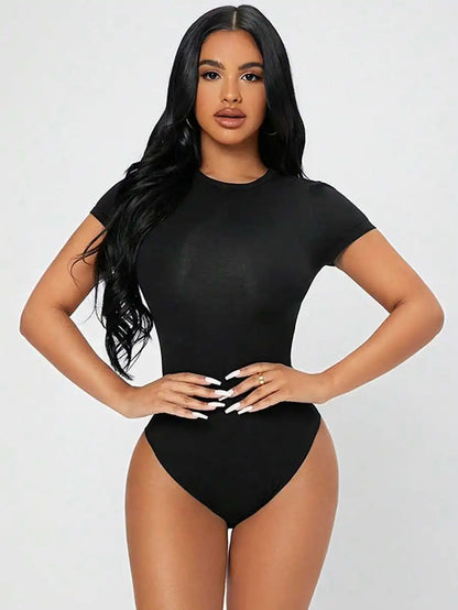 Petite Solid Slim Fit Short Sleeve Bodycon Bodysuit for Women