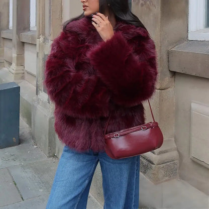 KONDALA Casual Brown Thick Fur Jackets Women Long Sleeve V Neck Autumn Winter Faux Fur Coats Fashion 2025 Streetwear Outwears