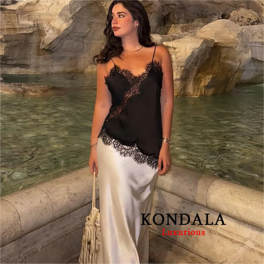 KONDALA Sexy Chic Black Lace Cami Tops Women V Neck Patchwork Sleeveless Y2K Girl Top Fashion 2025 Summer Fall Holiday Beach Top