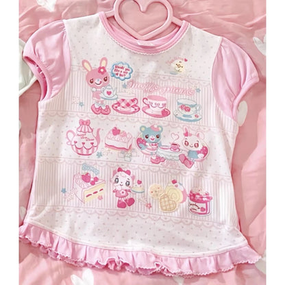 Japanese Kawaii Crop Tops Cartoon Print Harajuku Lolita Short Sleeve T-shirts Women Y2k Aesthetic Slim Tee Vintage Fairy Grunge
