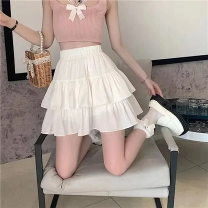 Summer Kawaii White Ruflles Skirt Women Fashion Slim Fit Chiffon Mini Skirts Giris Y2k All Match Elastic High Waist Black Faldas