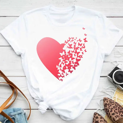 Y2k Women's Colorful Butterfly Petal Print T-Shirt, Short Sleeve, Round Neck, Cute Graphic Tee Shirts, Female Tops Clothes