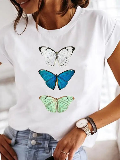 Women's Short-sleeved Explosive Insect Butterfly Dragonfly Print Round Neck T-shirt Women Clothes  Oversized T Shirt  Harajuku