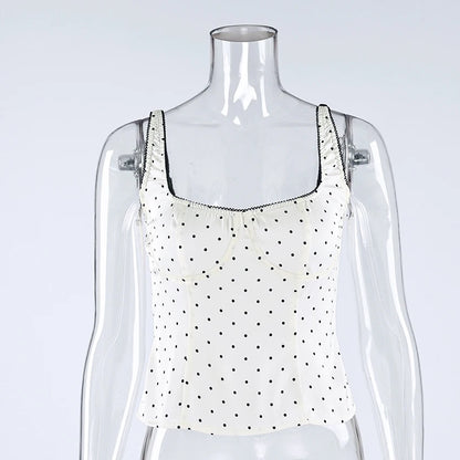 Linad Sexy Backless Polka Dot Tank Top Elegant Satin Spaghetti Strap Lace Camis Street Chic Sleeveless Vest Female 2025 Summer