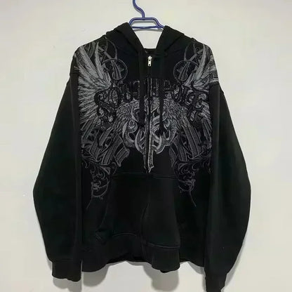 American Y2K New Hip Hop Trend Zipper Hoodie Women Street Casual Loose Joker Vintage Sweatshirt Unisex Fleece Padded Warm Hoodie