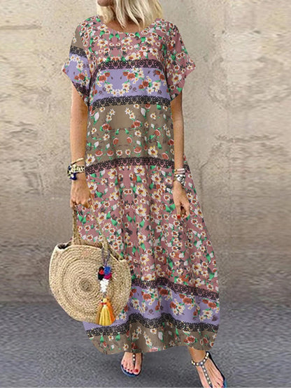 ZANZEA Summer Maxi Dress Women's Vintage Printed Sundress Casual Loose Short Sleeve Vestidos Vacation High Waist Robe Femme 2024