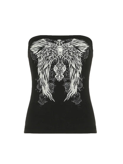 Gothic Print Black Strapless Tube Top Women Skinny Cropped Summer Casual Chic Graphic Tee Y2K Streetwear Basic Vest