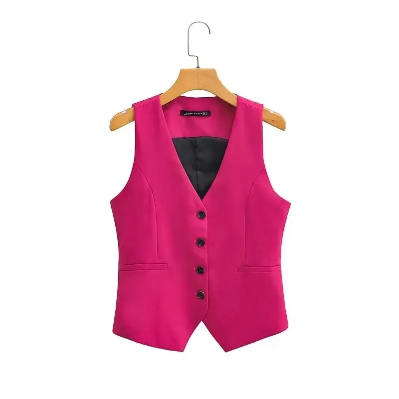 Women Fashion V Neck Sleeveless Pockets Short Vest Jacket Office Lady Single Breasted Casual Slim WaistCoat Tops CT2208