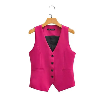 Women Fashion V Neck Sleeveless Pockets Short Vest Jacket Office Lady Single Breasted Casual Slim WaistCoat Tops CT2208