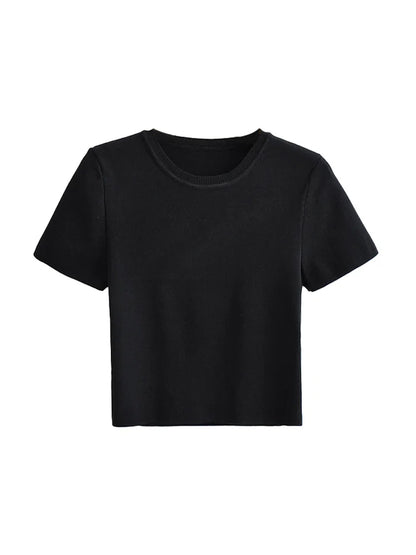 Women Fashion Striped Basic Cropped Knit Sweater Vintage O Neck Short Sleeve Female Pullovers Chic Tops