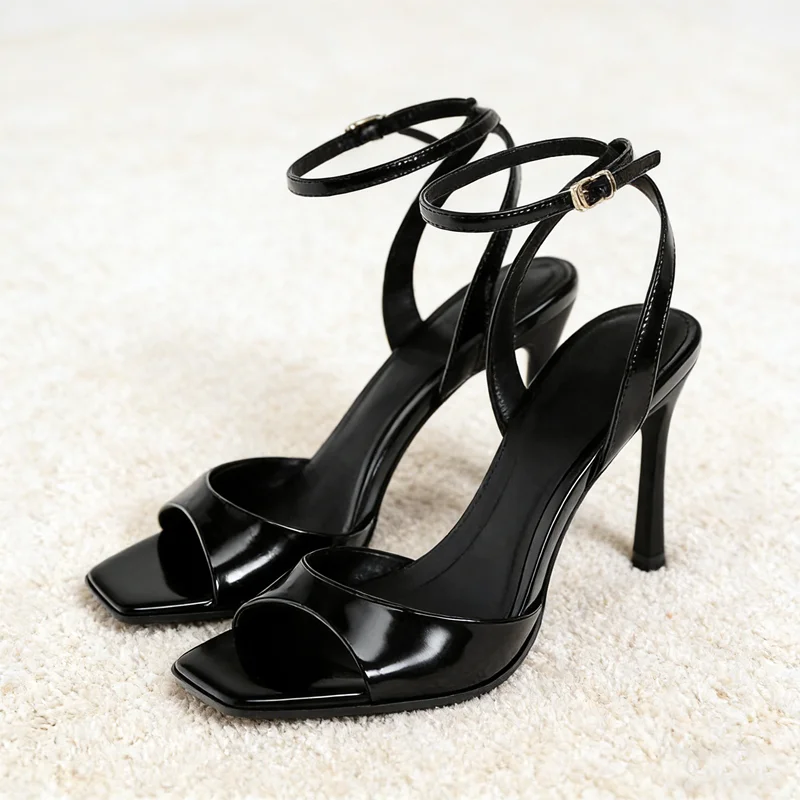 Black Patent Leather Ankle Strap Buckle Heeled Sandals Women Sexy Square Open Toe High Heels Summer Elegant Party Office Shoes