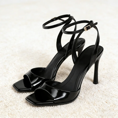 Black Patent Leather Ankle Strap Buckle Heeled Sandals Women Sexy Square Open Toe High Heels Summer Elegant Party Office Shoes