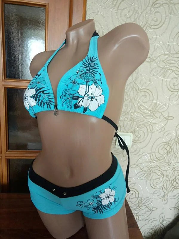 Vintage Flower print Cutie 2 set Bikini 2000s Swimsuit Sexy Women Bathing Fashion Halter Strap Swimwear High Street Beach Female