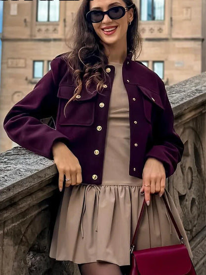 HH 2024 Fashion Women Soft Tweed Bomber Jacket O-Neck Long Sleeve Pockets Buttons Loose Woolen Coat Female Streetwear