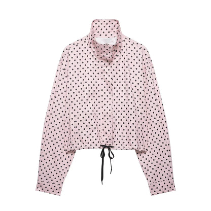 HH Fashion Women's Polka Dot Print Short Coats Autumn Long Sleeves Turtleneck Zipper With Pockets Drawstring Casual Jacket