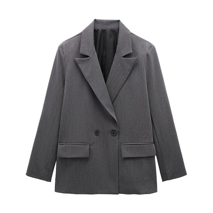 Willshela Women Fashion With Pockets Solid Double Breasted Blazer Vintage Long Sleeves Notched Neck Female Office Lady Outfits