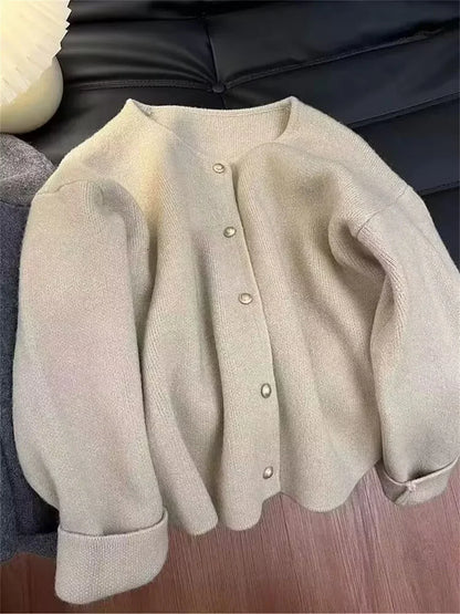 Korean Fashion Round Neck Knit Cardigan Spring Autumn Casual Long Sleeve Loose Wool Sweater for Women Knitwear Basic Coat Tops